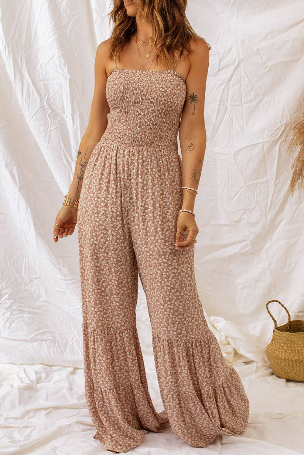 Khaki Smocked Wide Leg Floral Jumpsuit