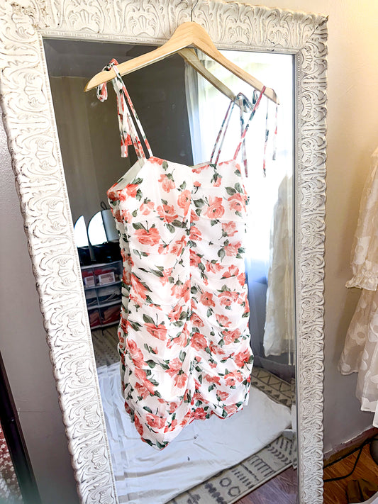 Pink Floral Ruched Mini Dress