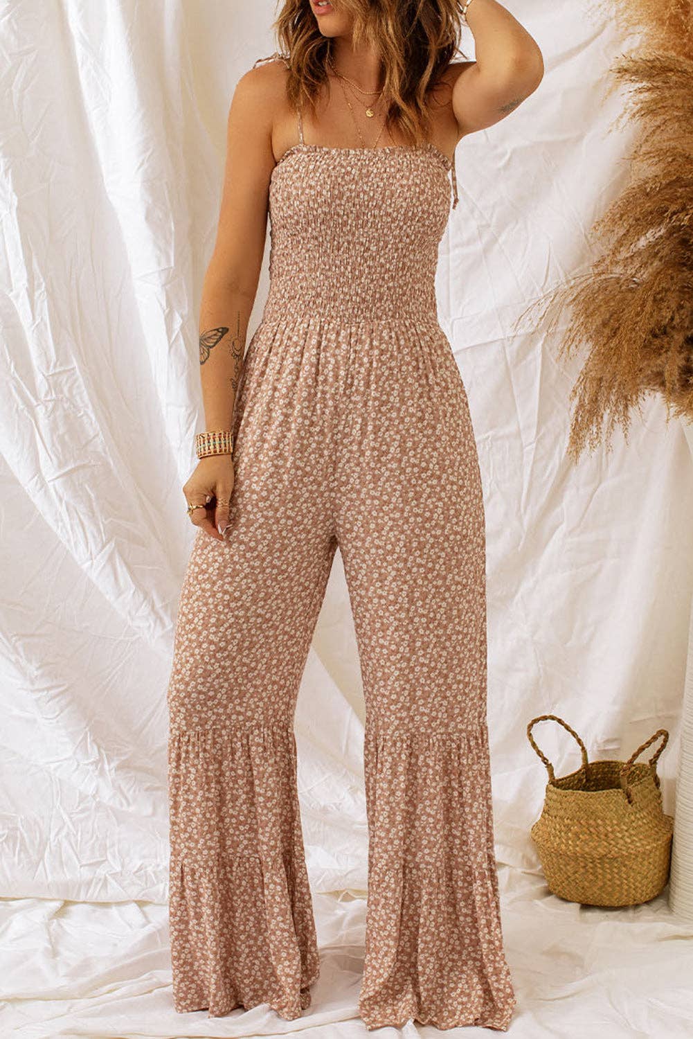 Khaki Smocked Wide Leg Floral Jumpsuit