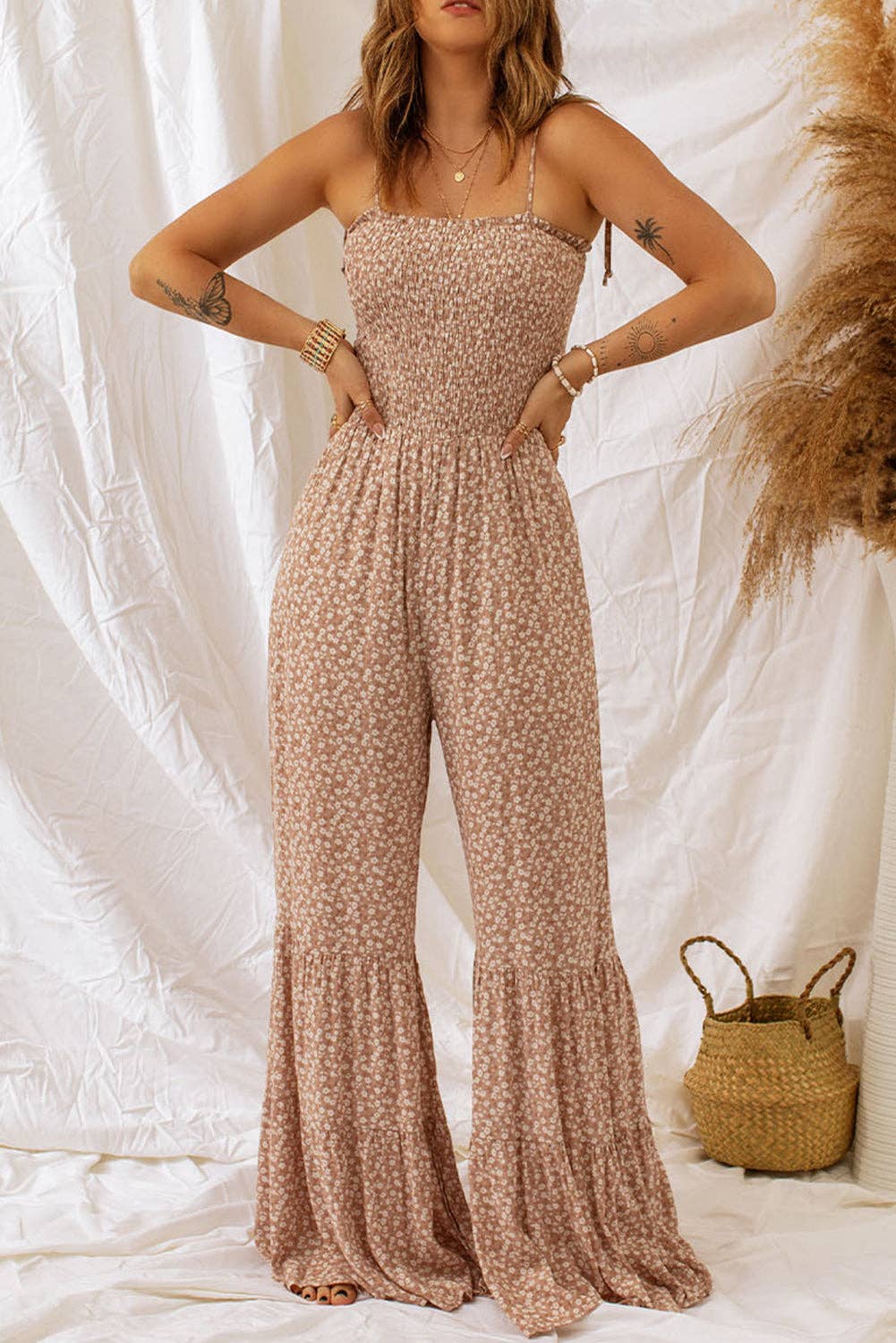 Khaki Smocked Wide Leg Floral Jumpsuit