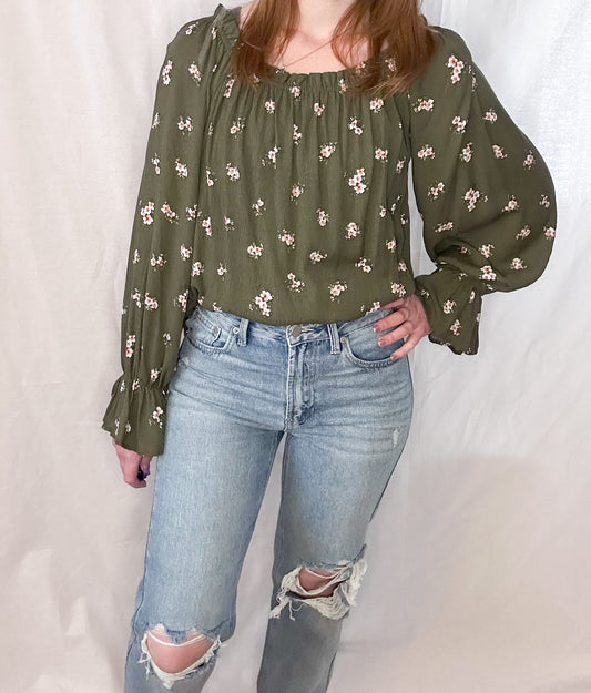 Olive Off the Shoulder Floral Top